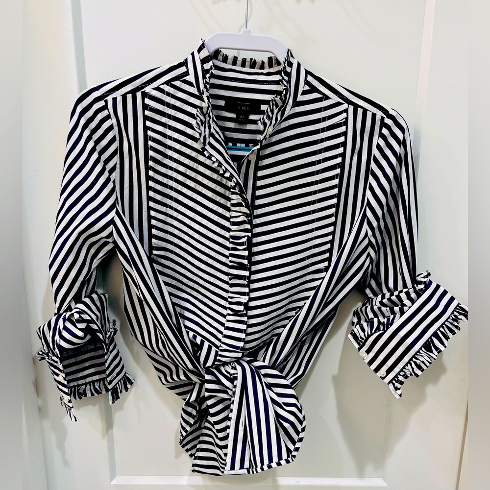 J Crew Navy Striped Ruffle Neck Shirt. Size XSmall and in mint condition